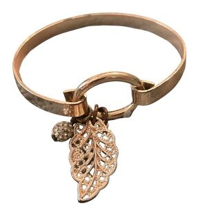 Rose Gold Tone Bangle Bracelet with Leaf Charm & Rhinestone‎ Accent